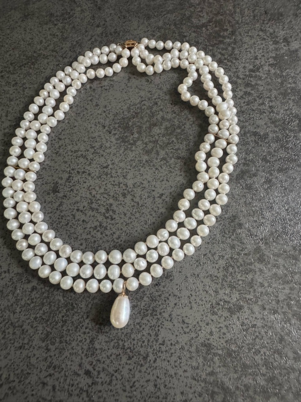 Classic White Freshwater Pearl Triple-Strand Necklace with Drop Pendant